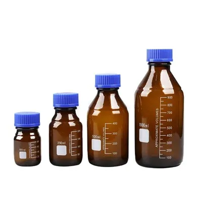 Botol Media Kaca Amber Borosilikat dengan Penutup Skru Biru Plastik